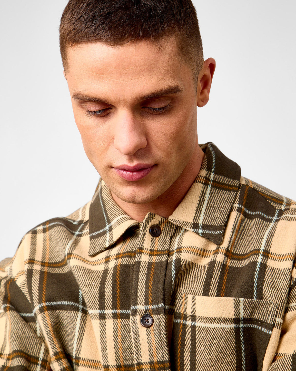 Irish Cream Beige Loan Check Twill Overshirt