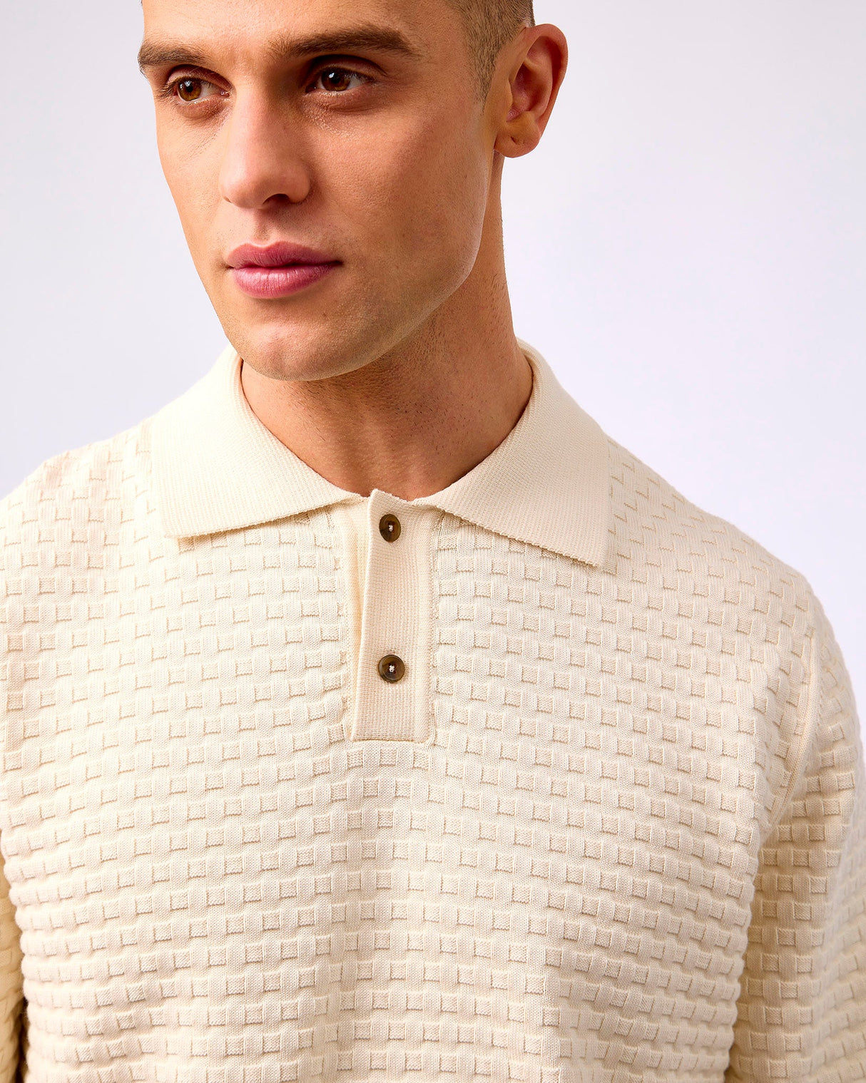 Light Ivory Billy Weave Knit Long Sleeve Polo Shirt