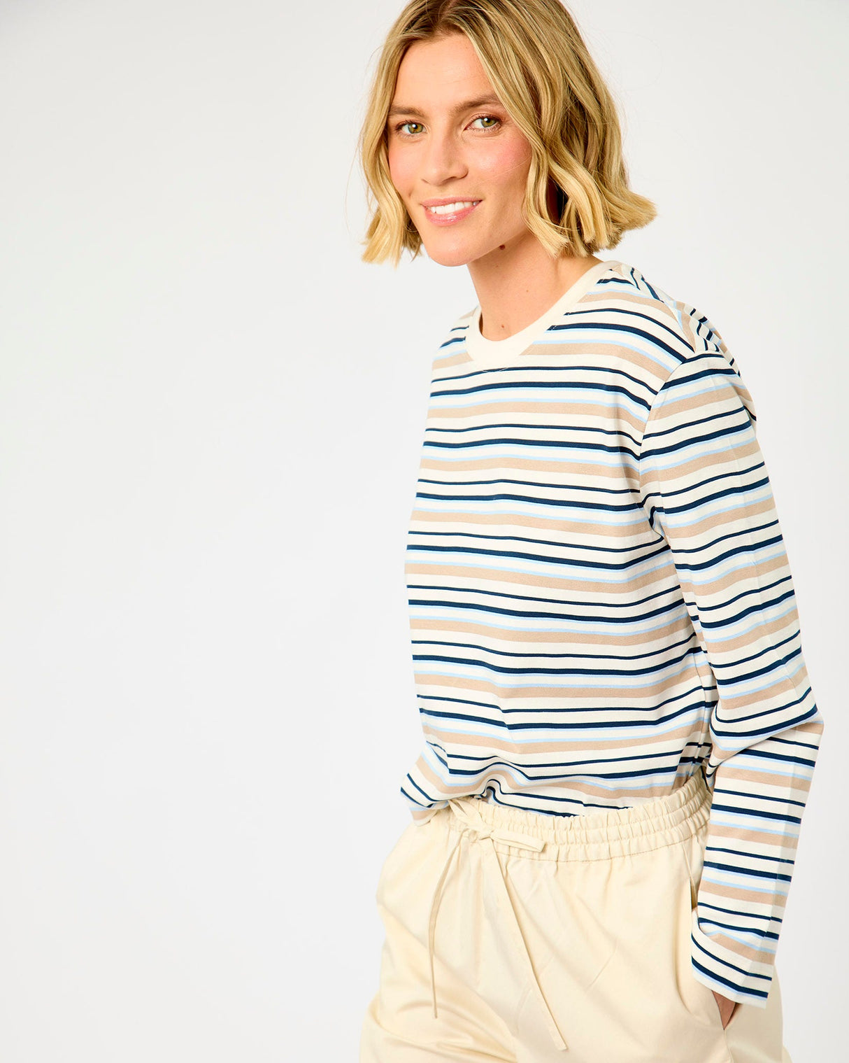 Cash Blue Multi Essential Striped Boxy Long Sleeve T-Shirt