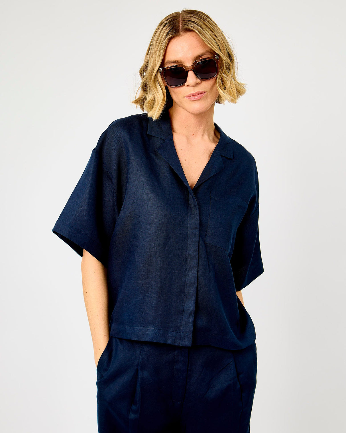 Dark Sapphire Lyra Linen Blend Boxy Shirt