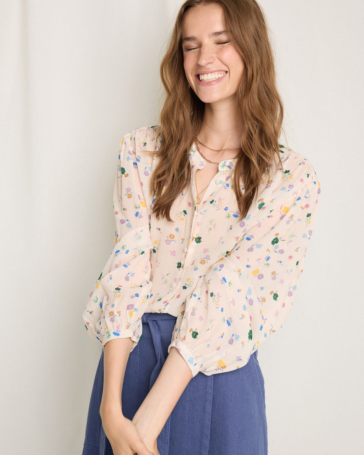 Cream-Multiflower-Courtney-Collarless-Blouse