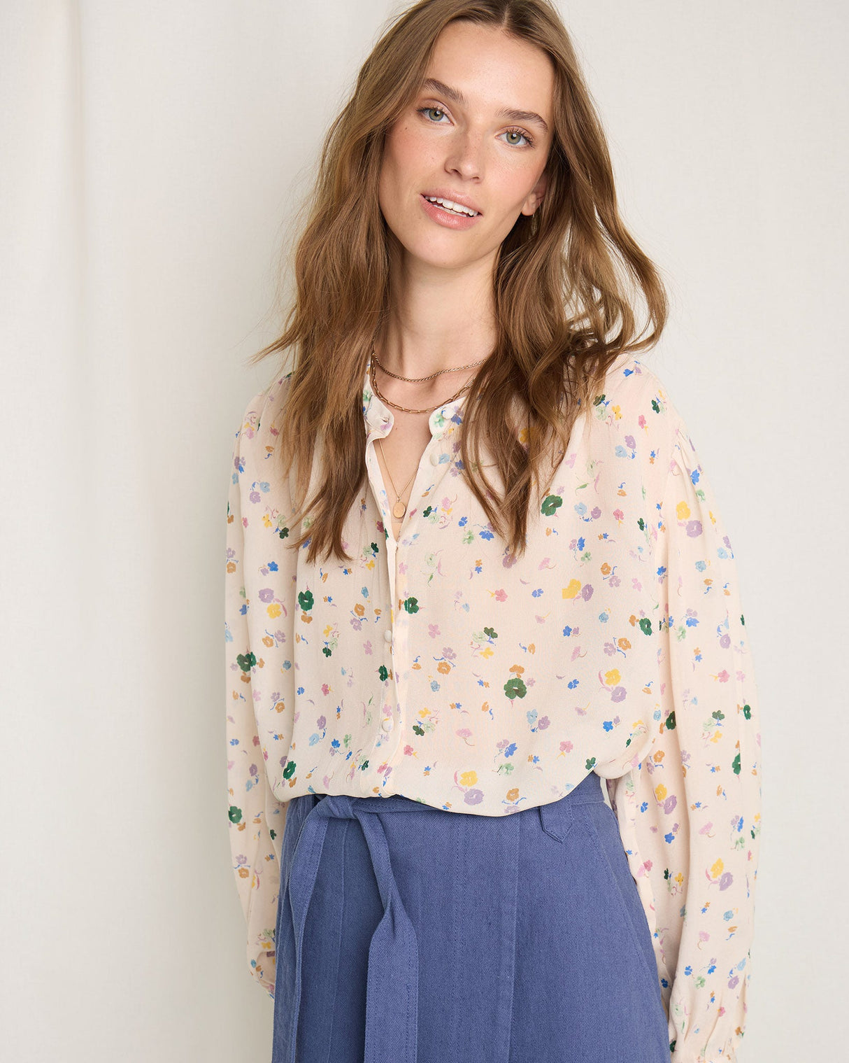 Cream-Multiflower-Courtney-Collarless-Blouse