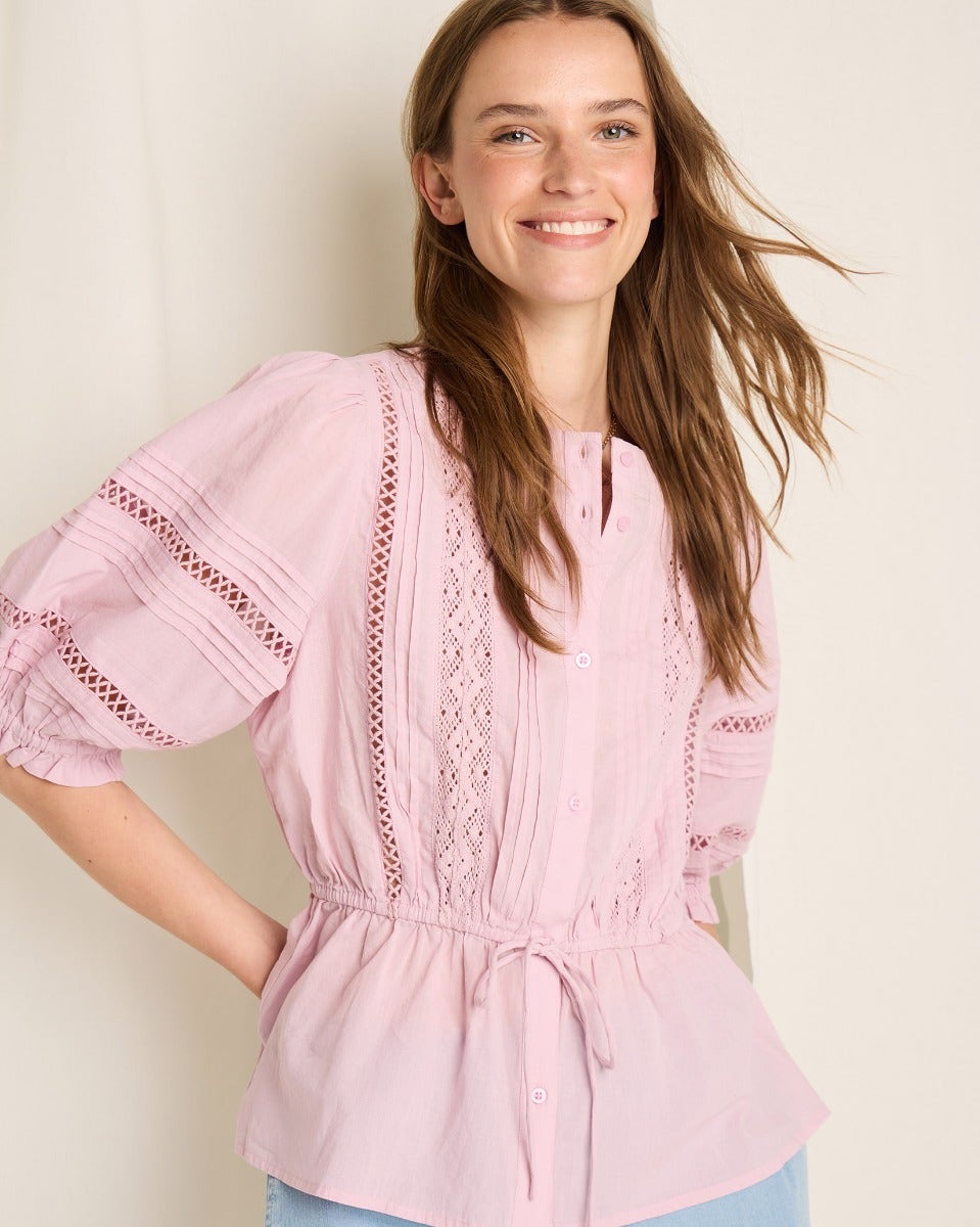 Dawn Pink Irbella Cotton Pintuck Tie-Waist Blouse