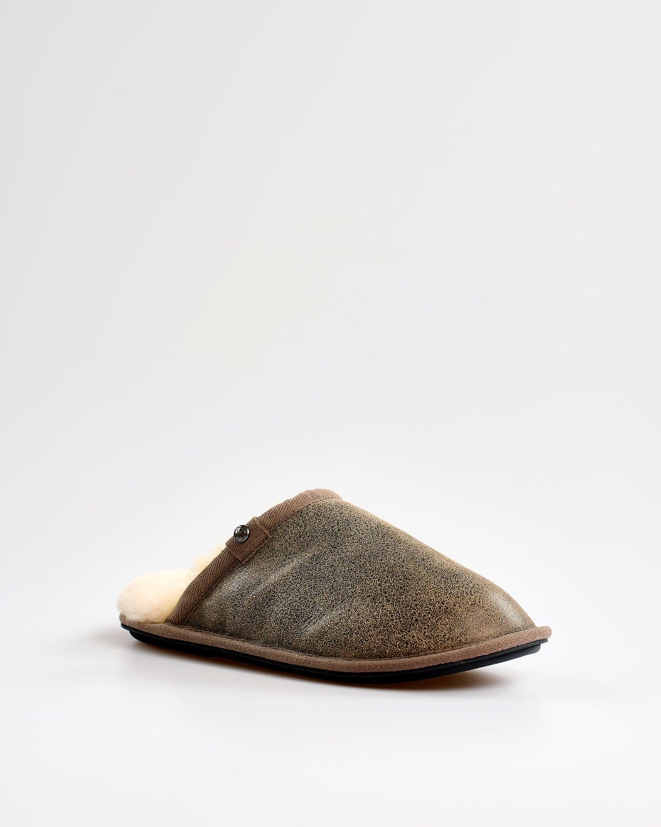 Distressed Tea Leather & Sheepskin Mule Slippers