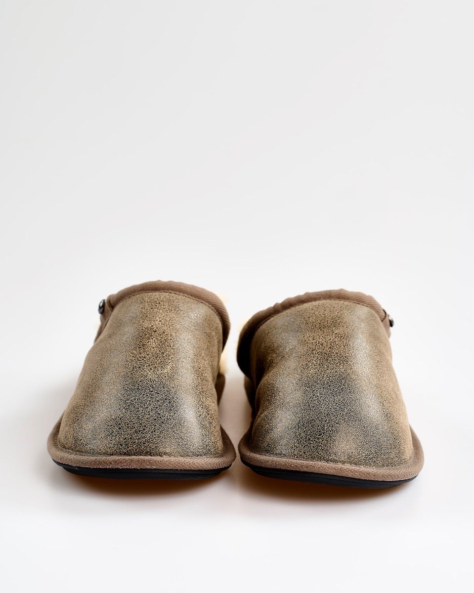 Distressed Tea Leather & Sheepskin Mule Slippers