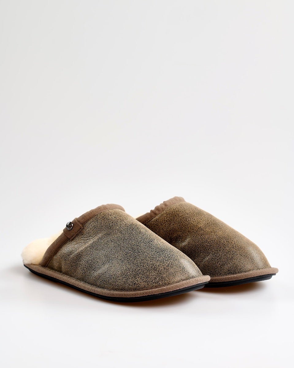 Distressed Tea Leather & Sheepskin Mule Slippers