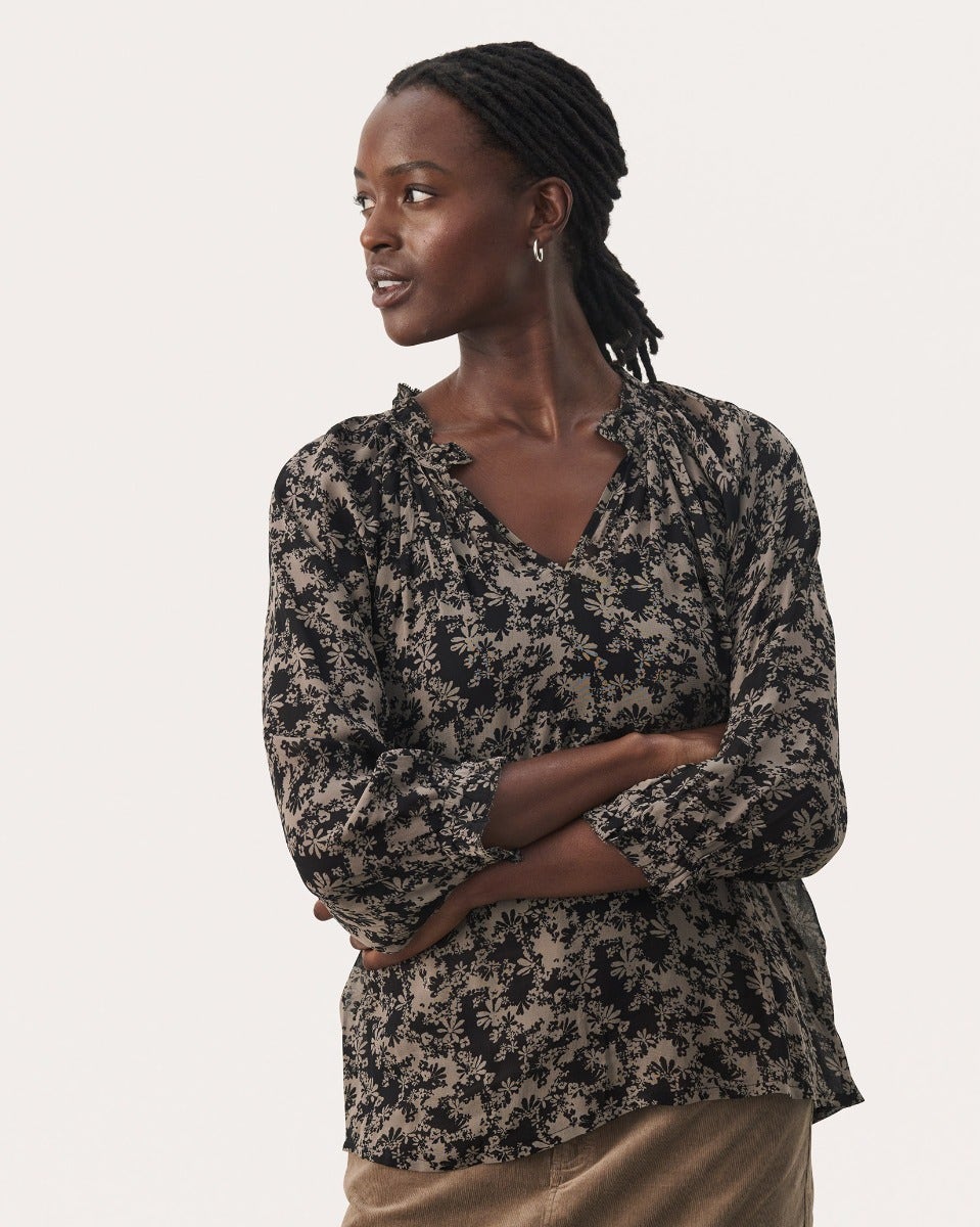 Black Contrast Floral Print Elsia Sheer Blouse