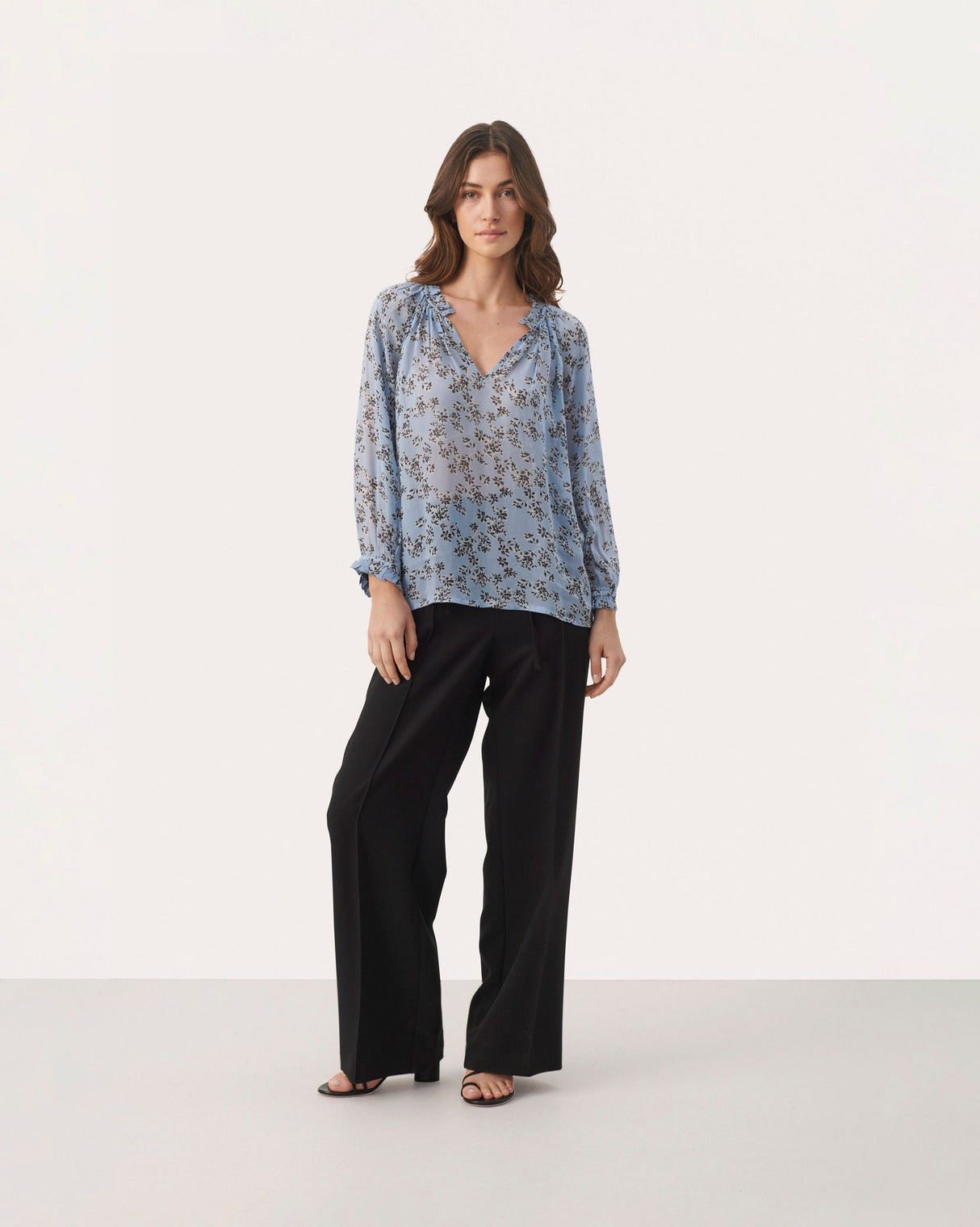Faded Denim Floral Print Elsia Sheer Blouse