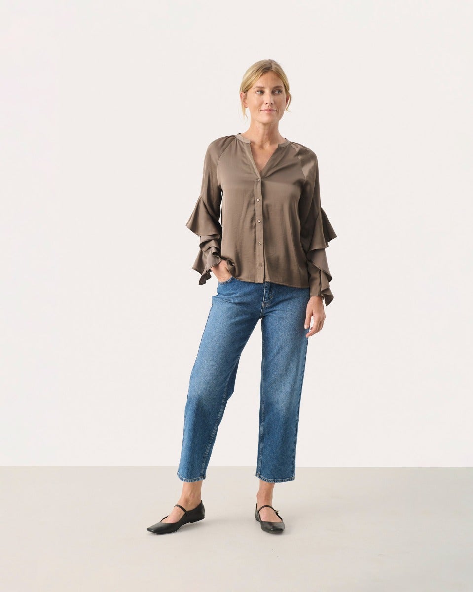 Walnut Brown Leane Frill Sleeve Shirt