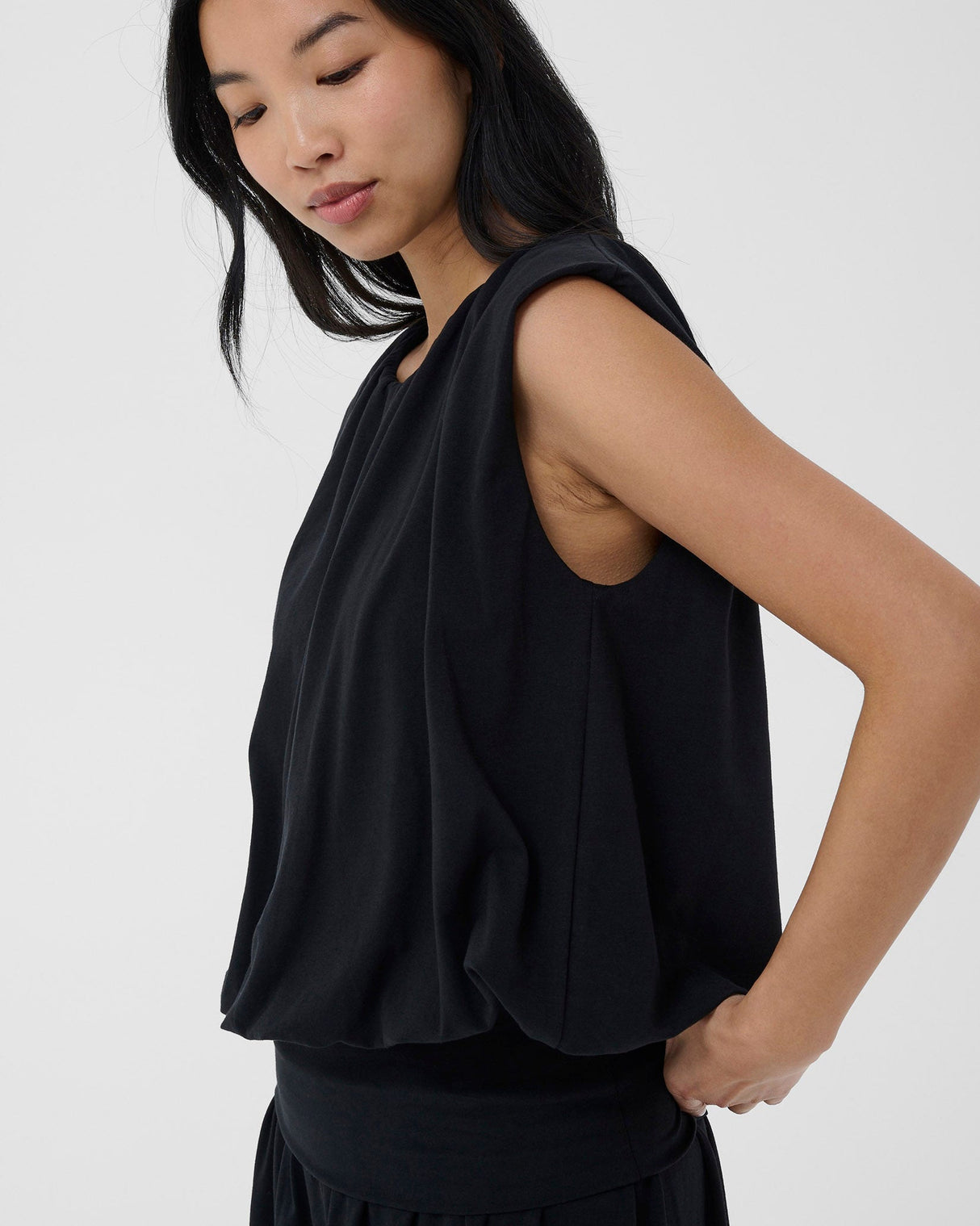 Black Berthine Cotton Balloon Sleeveless Top