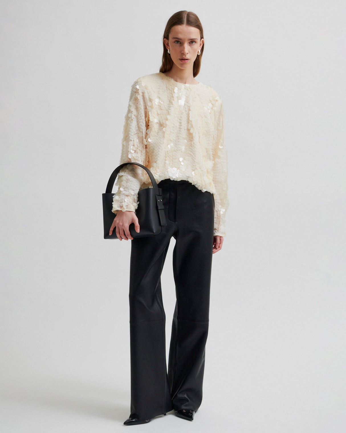 Cream Glimmer Sequin Long Sleeve Blouse