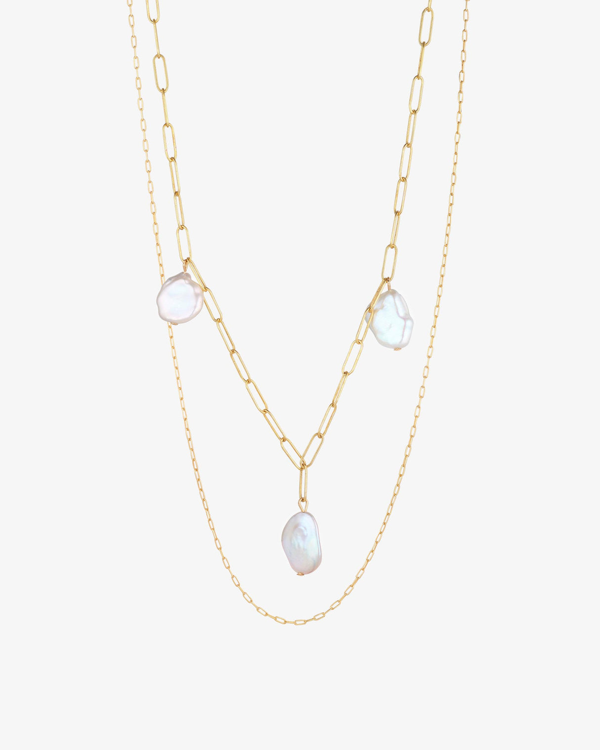 Gold-Filled-Paperclip-Fine-Chain-Necklace-With-Flat-Baroque-Pearl-Pendants