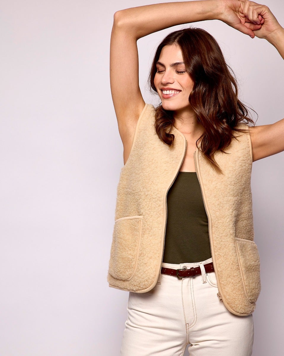 Beige Textured Sheep Wool Pepitko Vest