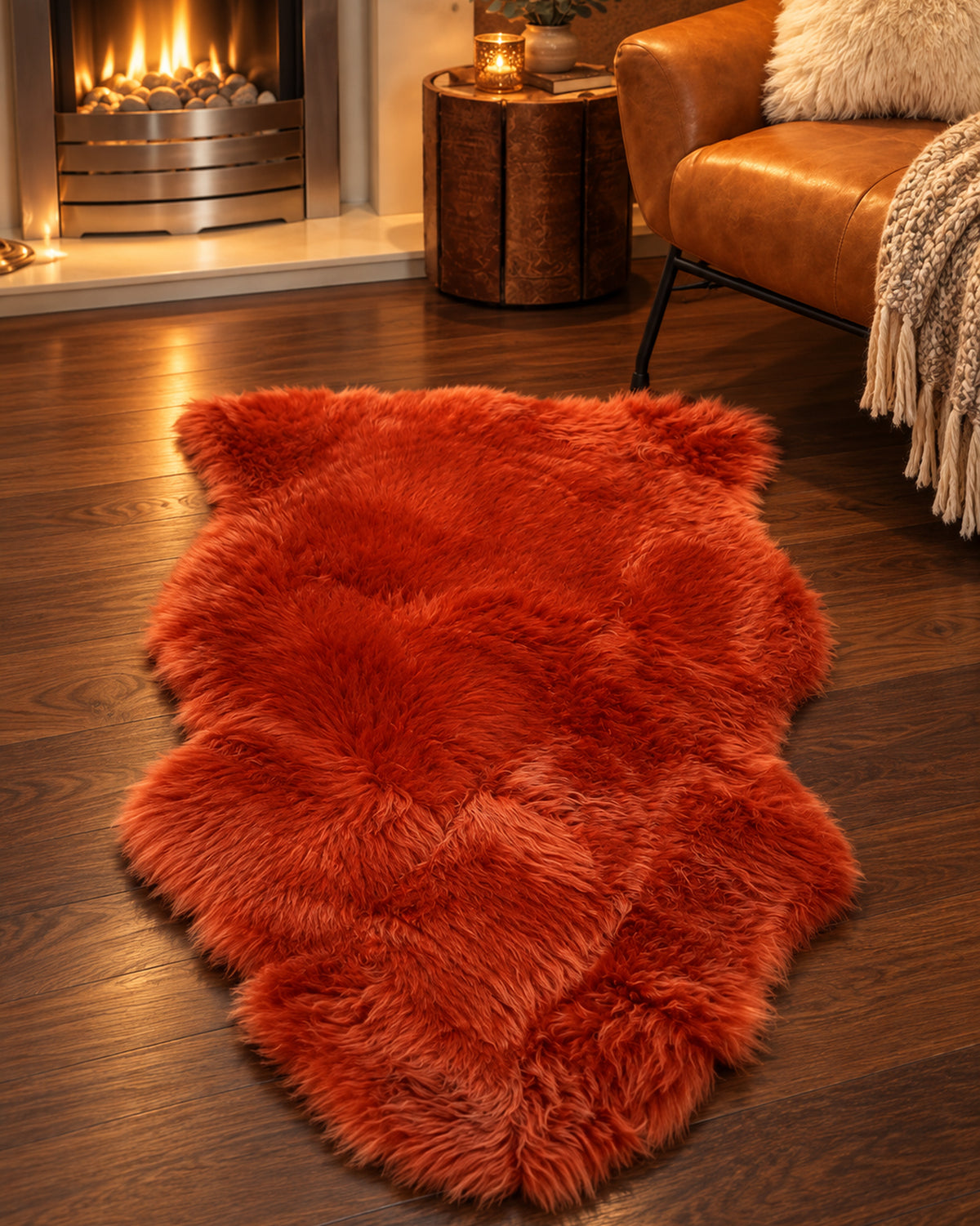 Burnt Orange Long Wool Sheepskin Rug