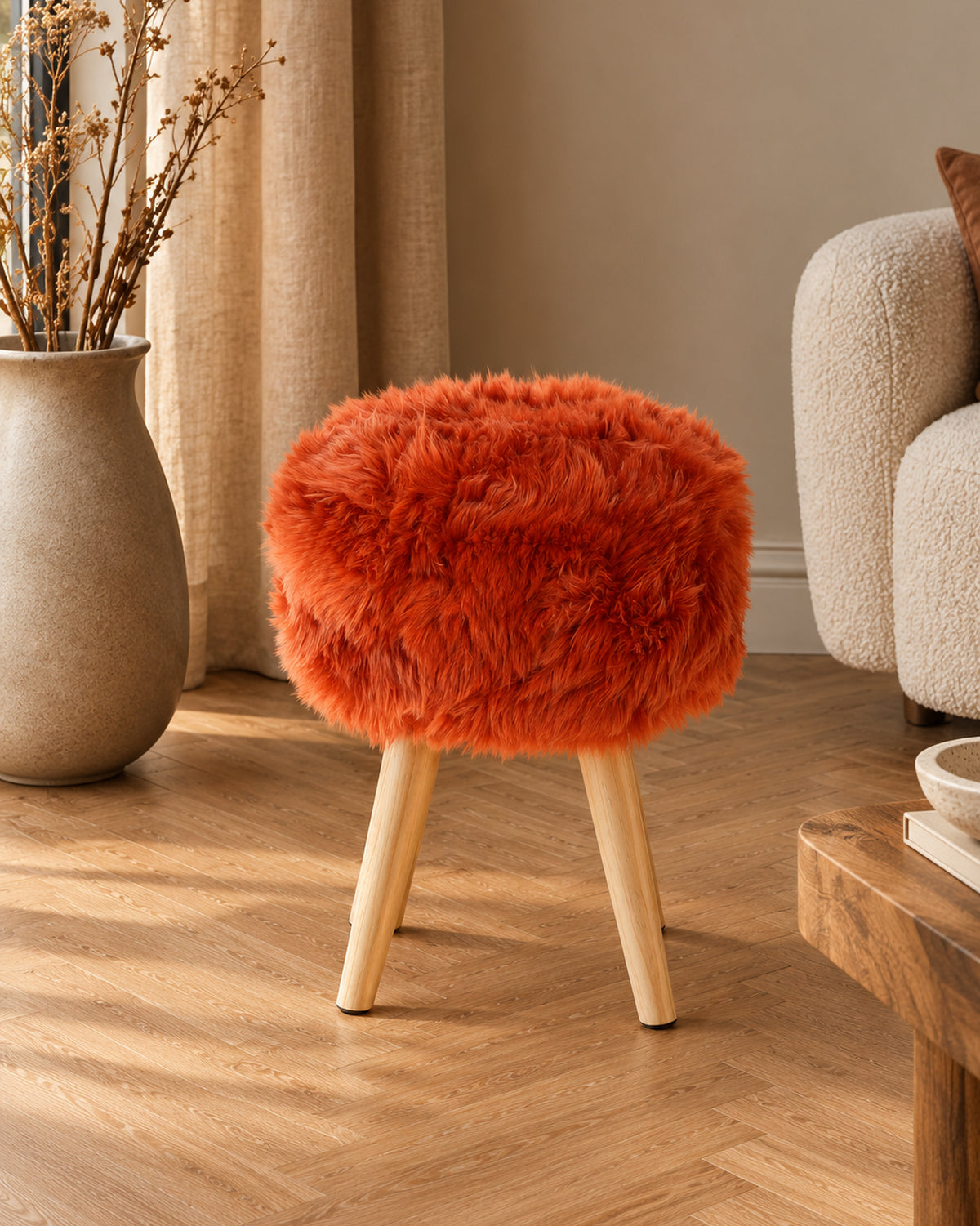 Burnt Orange Sheepskin & Pinewood Stool