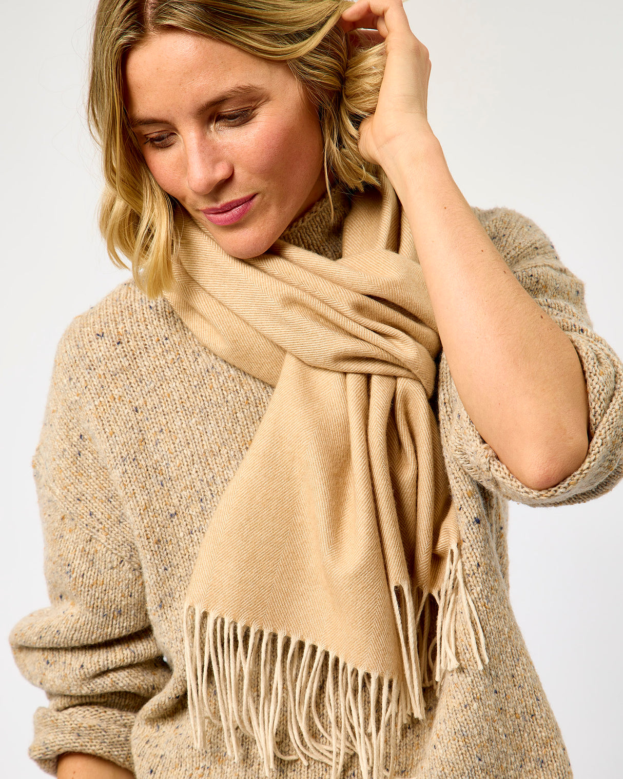 Camel Large Herringbone Wide Merino Scarf