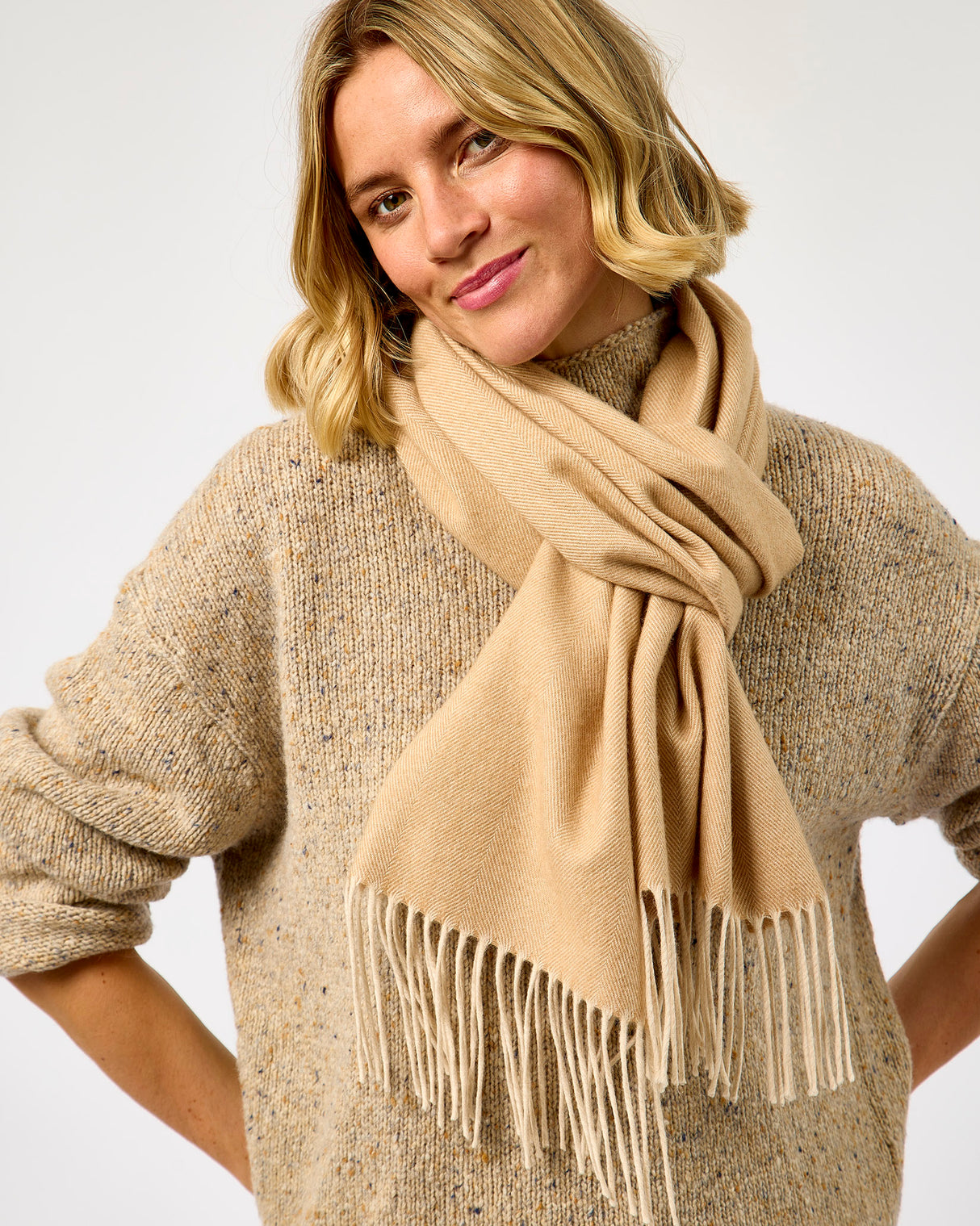 Camel Large Herringbone Wide Merino Scarf