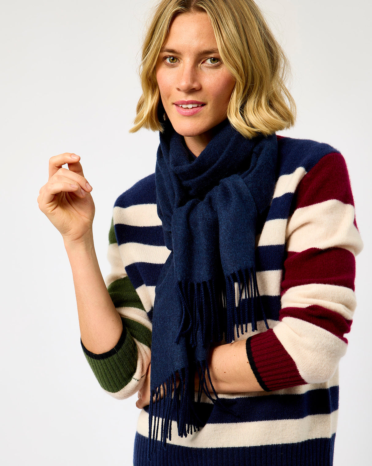 Navy Large Herringbone Wide Merino Scarf