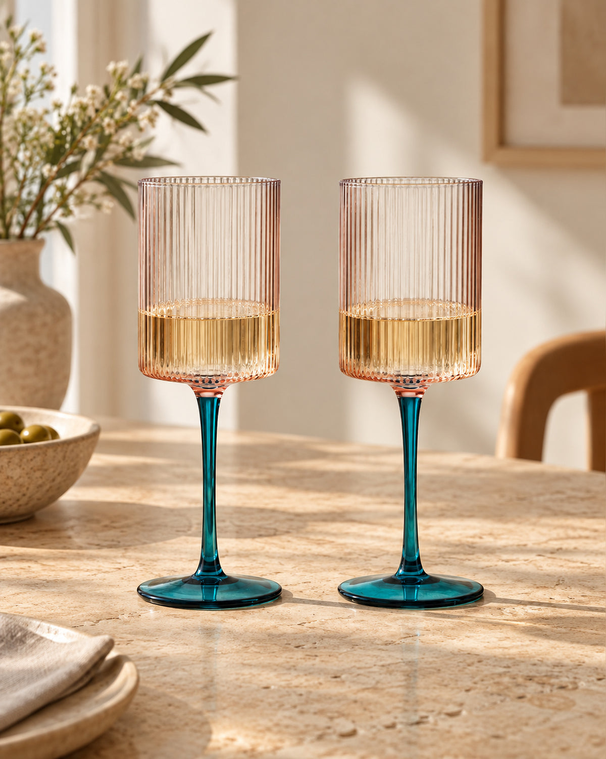 Pink & Green Plissé Glass White Wine Glasses - Set of 2
