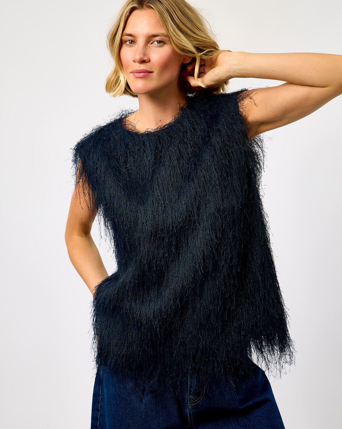 Dark Sapphire Marianne Feather Sleeveless Top