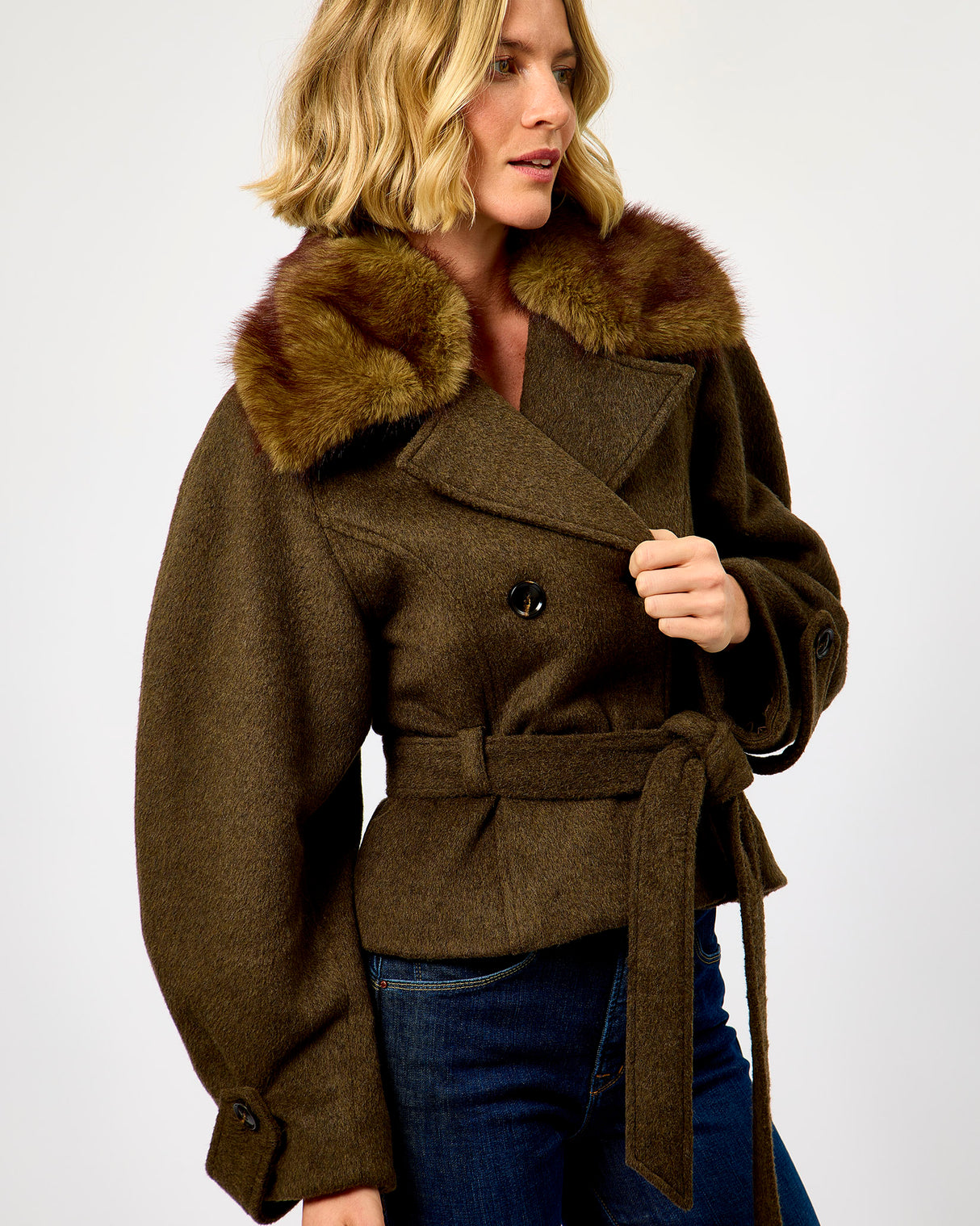 Black Olive Faux Fur Trim Agola Jacket