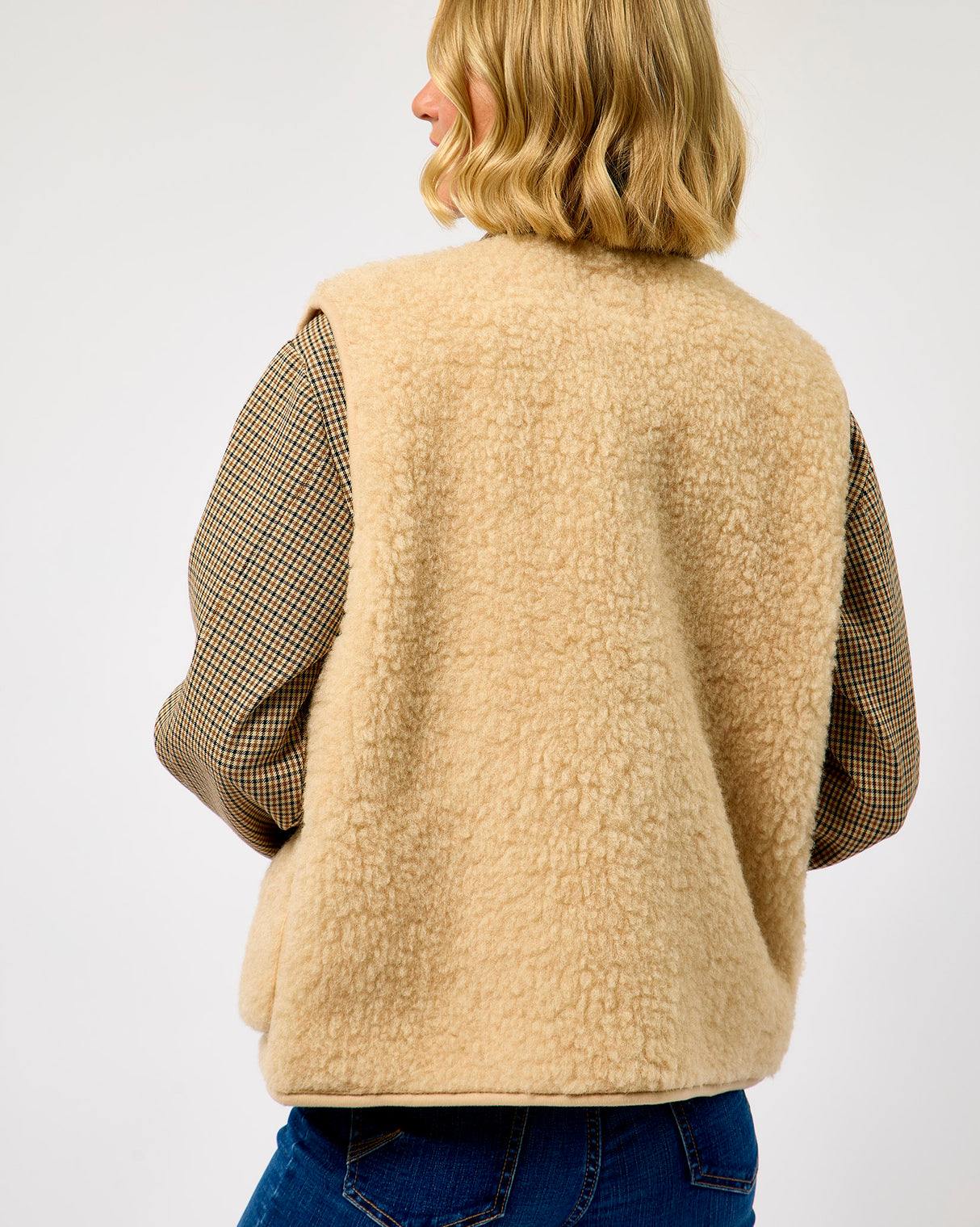 Beige Textured Sheep Wool Pepitko Vest