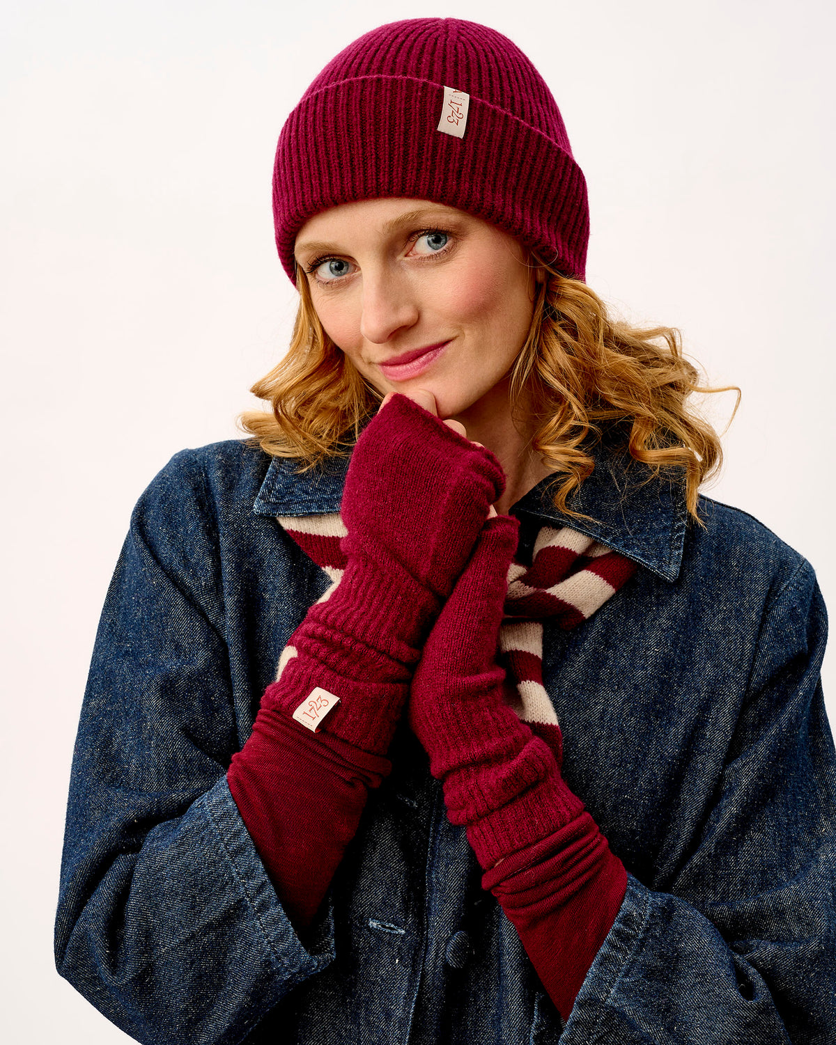 Bordeaux & Linen Lambswool Fingerless Mittens