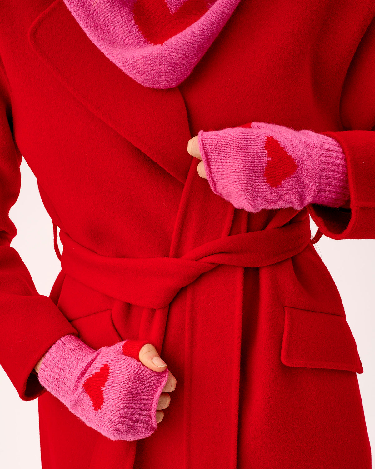 Bubblegum Pink & Tartan Scarlet Heart Lambswool Fingerless Mittens