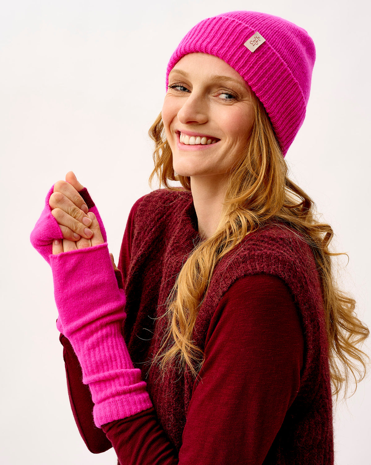Neon Pink & Bordeaux Lambswool Fingerless Mittens