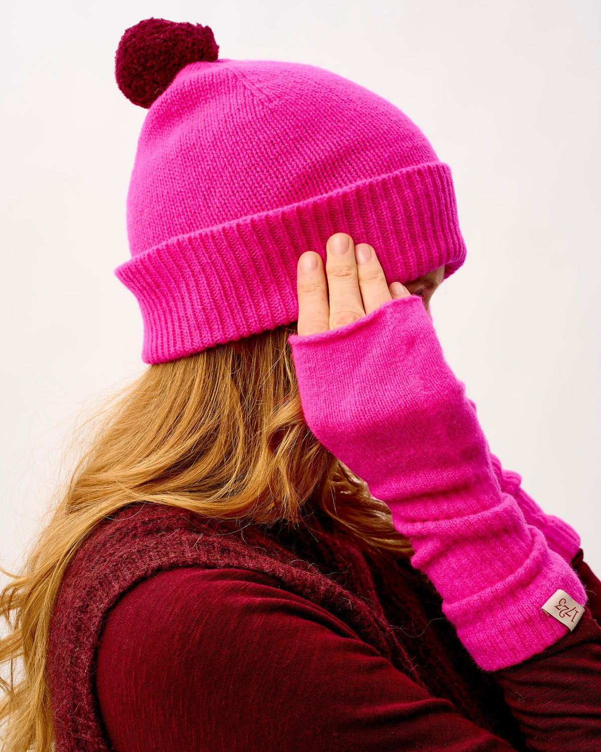 Neon Pink & Bordeaux Lambswool Bobble Hat