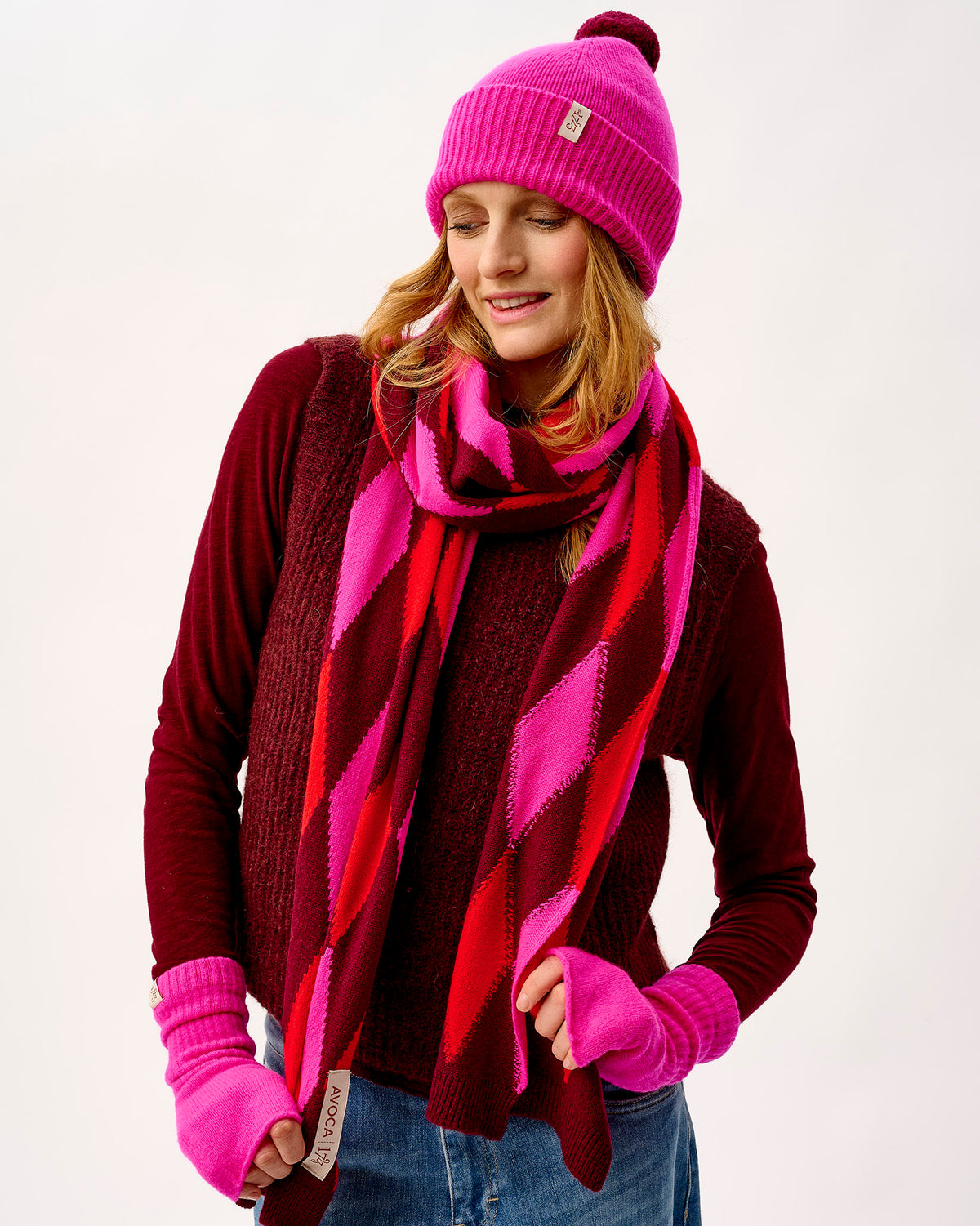 Bordeaux, Neon Pink & Tartan Scarlet Ayrshire Argyle Lambswool Scarf