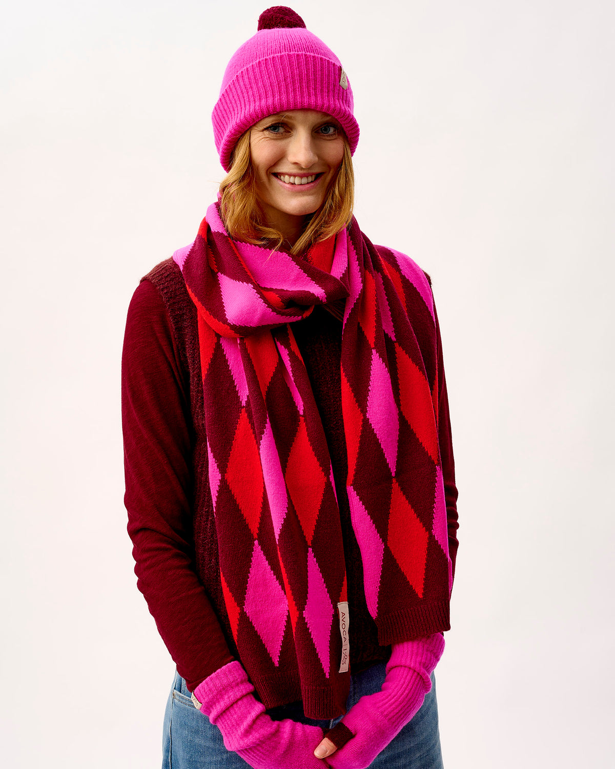 Bordeaux, Neon Pink & Tartan Scarlet Ayrshire Argyle Lambswool Scarf