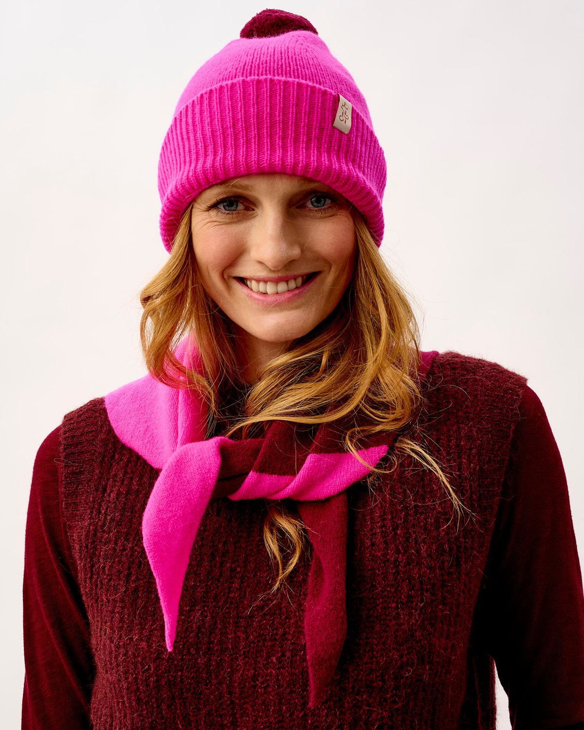 Bordeaux & Neon Pink Scout Wide Stripe Lambswool Triangle Scarf