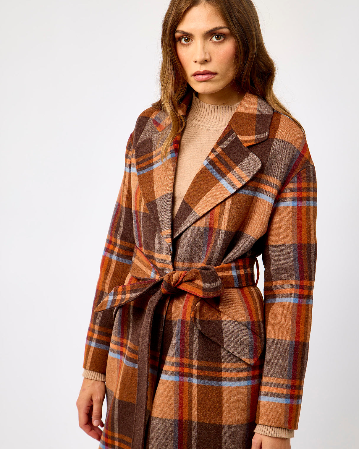 Camel Check Belted Wool Blend Town Coat
