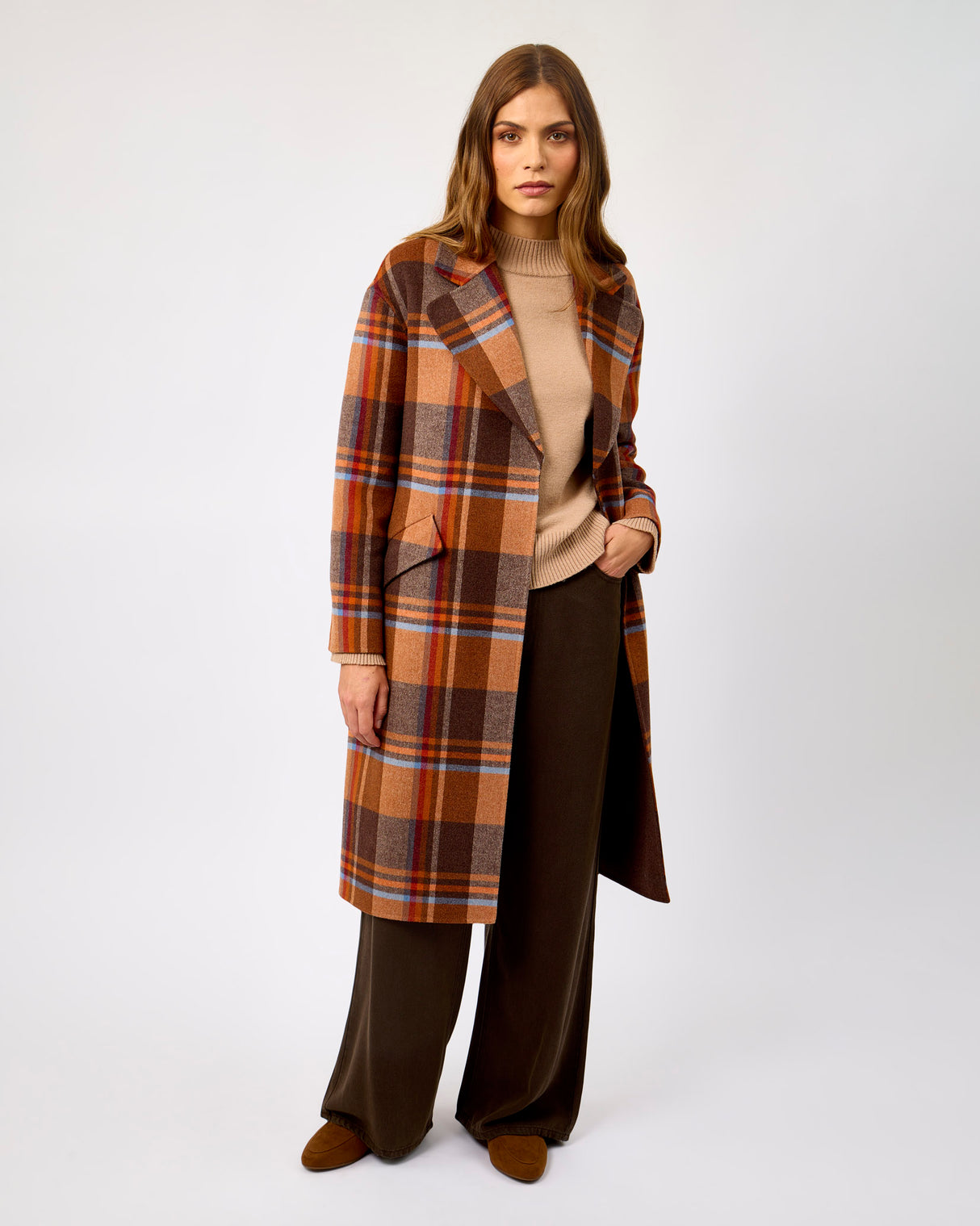 Camel Check Belted Wool Blend Town Coat
