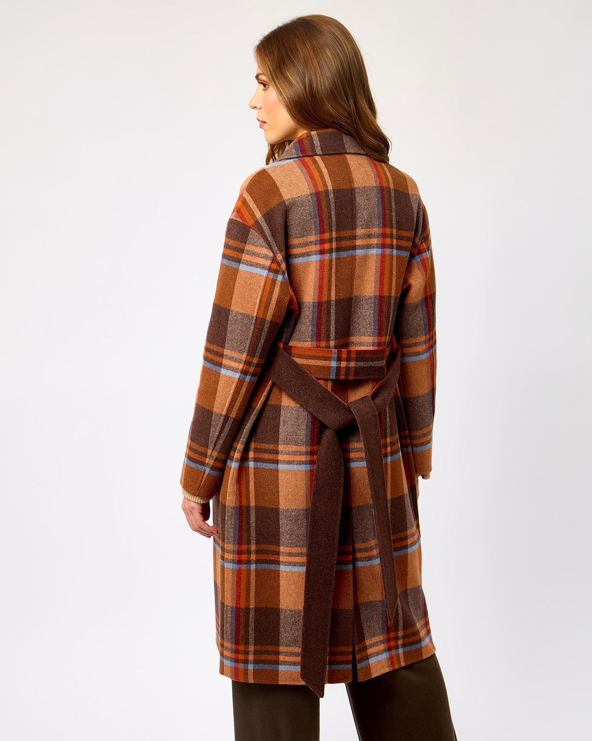 Camel Check Belted Wool Blend Town Coat