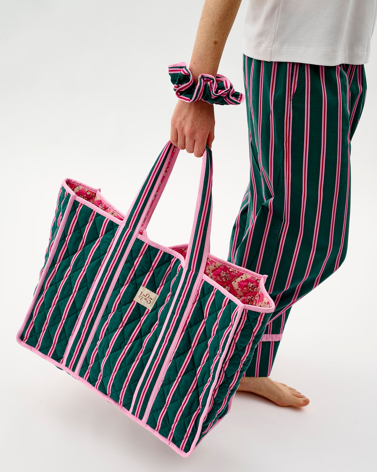 Emerald Blush Stripe Quilted Cotton Tote Bag