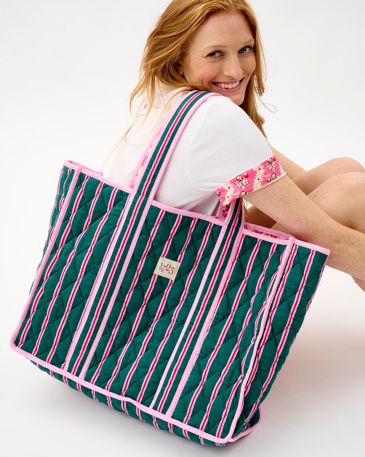 Emerald Blush Stripe Quilted Cotton Tote Bag