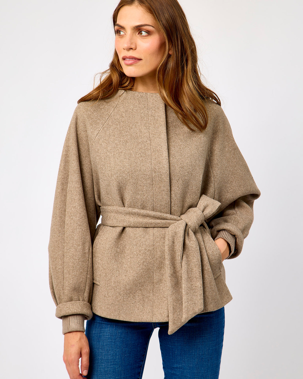 Toffee Melange Tie Waist Short Coat