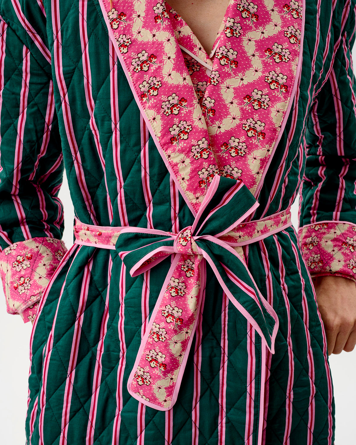 Emerald Blush Stripe & Pink Wave Quilted Cotton Dressing Gown
