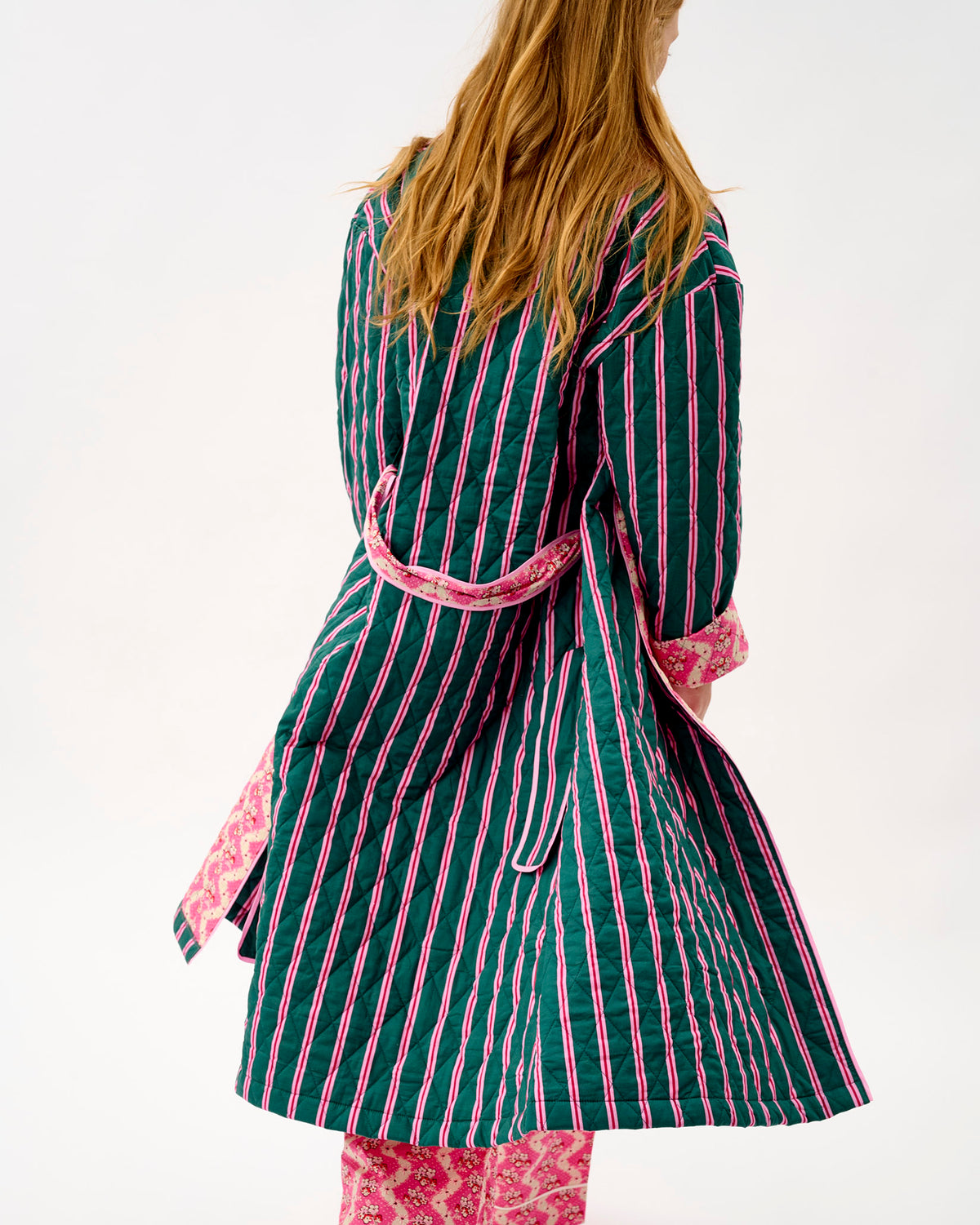 Emerald Blush Stripe & Pink Wave Quilted Cotton Dressing Gown