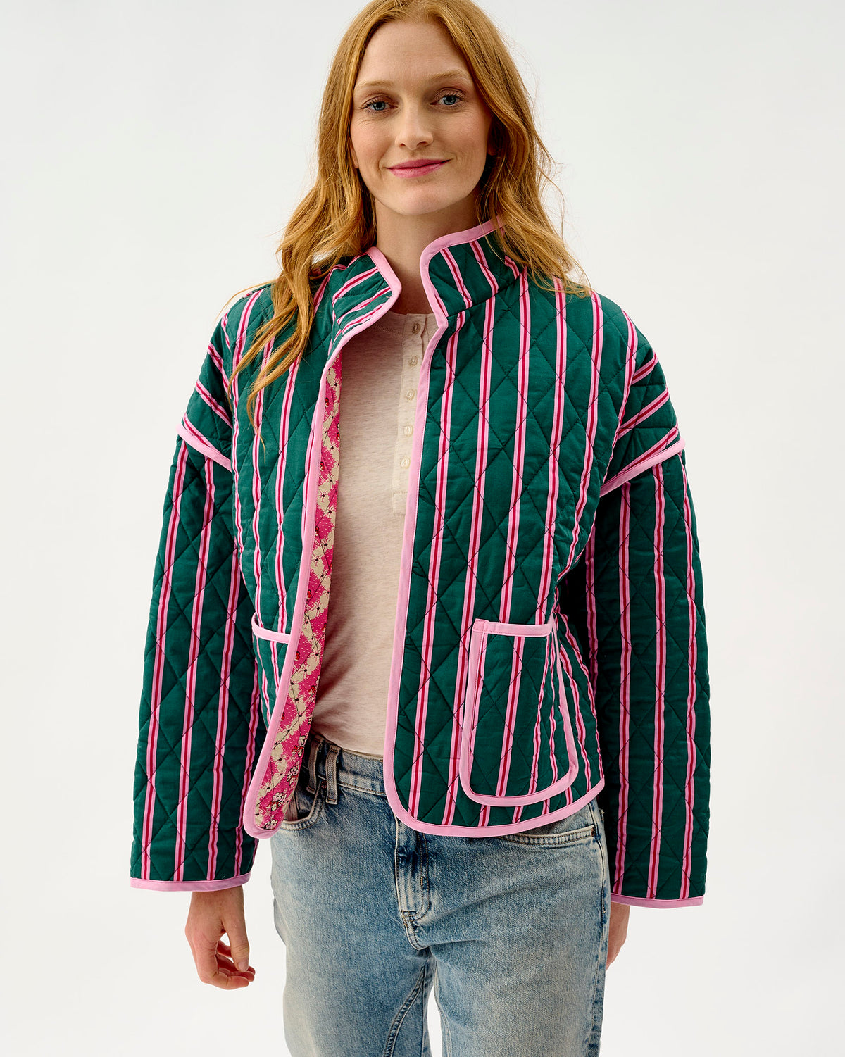 Emerald Blush Stripe & Pink Wave Quilted Cotton Jacket