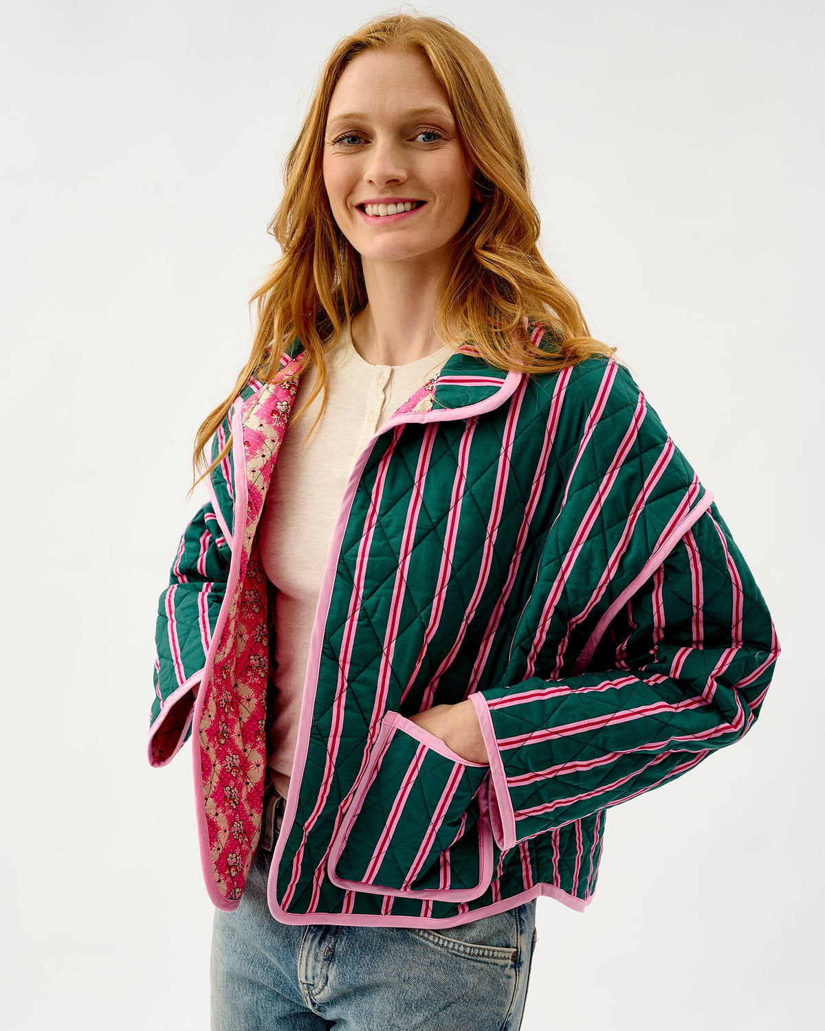 Emerald Blush Stripe & Pink Wave Quilted Cotton Jacket