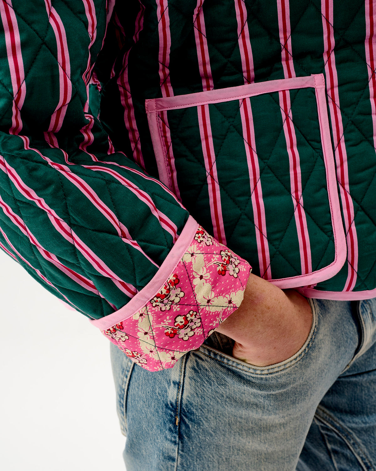 Emerald Blush Stripe & Pink Wave Quilted Cotton Jacket