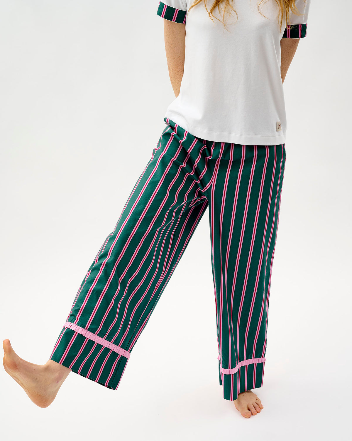 Emerald Blush Stripe Frill Trim Cotton Bottoms