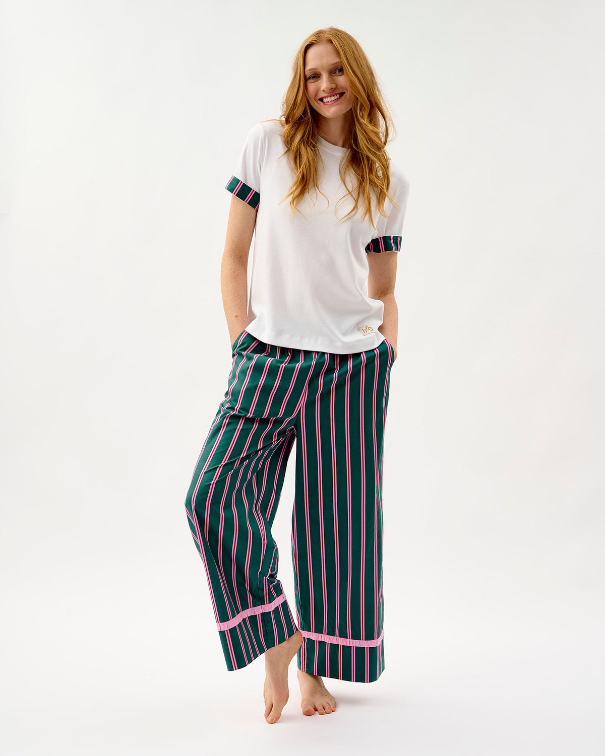 Emerald Blush Stripe Frill Trim Cotton Bottoms