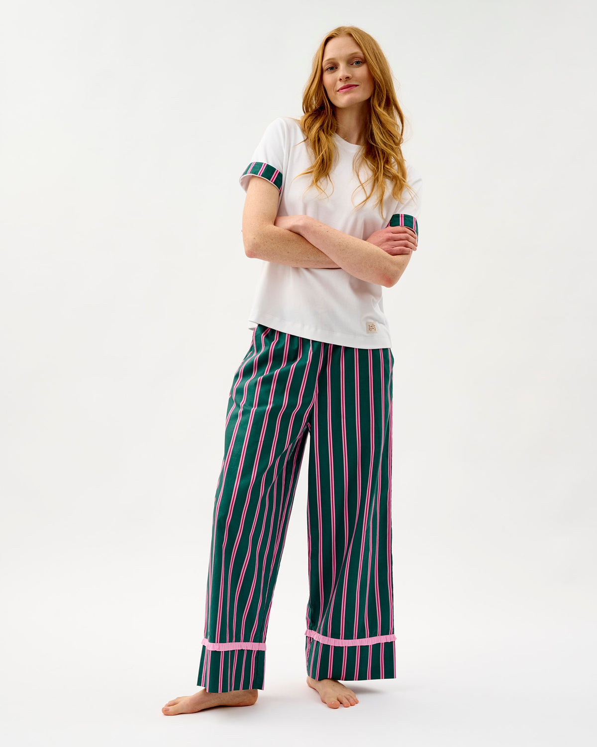 Emerald Blush Stripe White Cotton T-Shirt