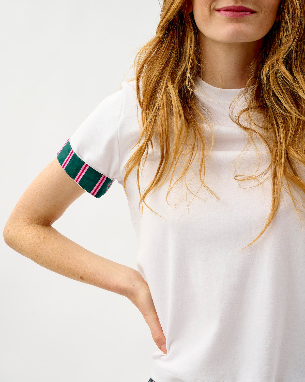 Emerald Blush Stripe White Cotton T-Shirt