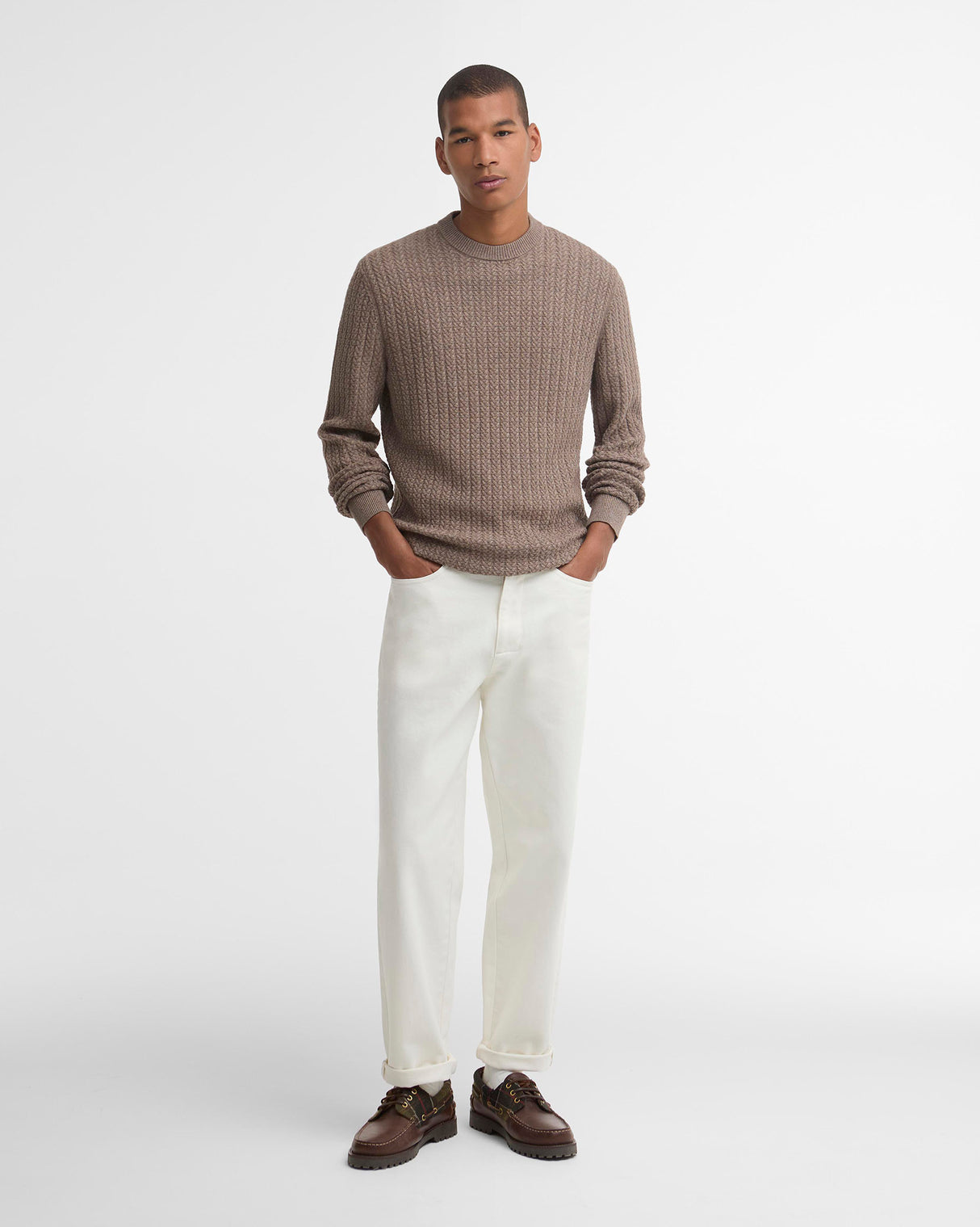 Stone Herringbone Knitted Crew Neck Jumper