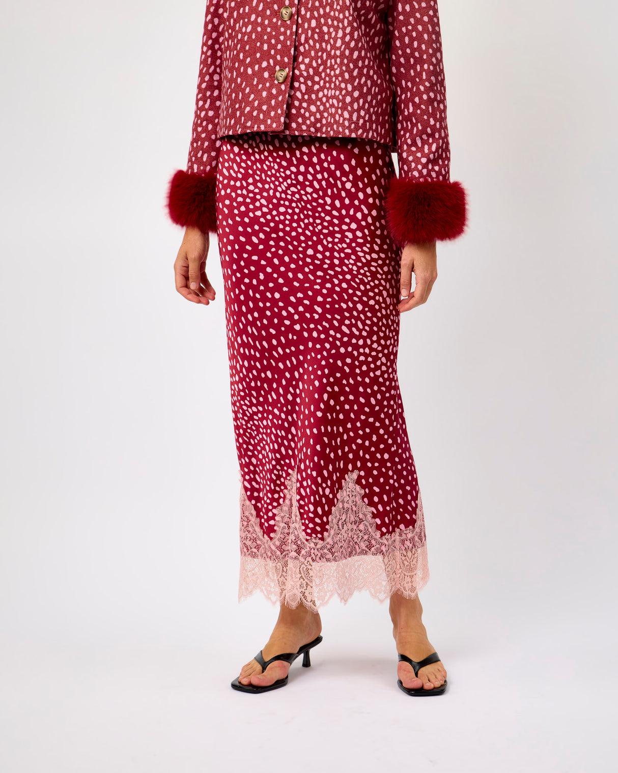 Burgundy Deer Print Maeve Midi Skirt